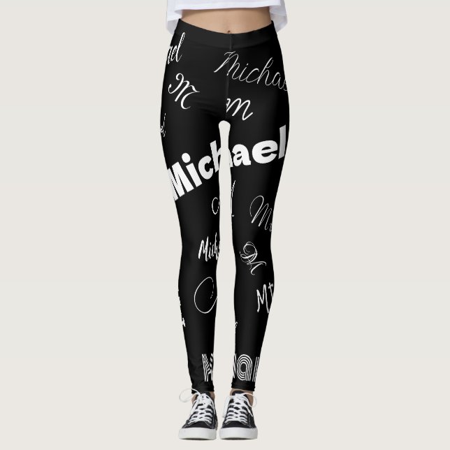 Your name and monogram custom pattern black leggings (Front)