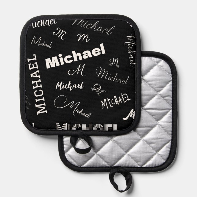 Your name and monogram custom pattern black pot holder (Front/Back)