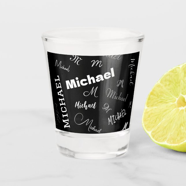 Your name and monogram custom pattern black shot glass (Front)