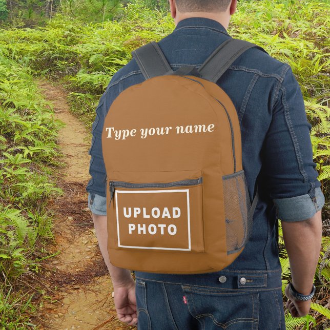 Your Name and Photo on Brown Backpack (Brown backpack with your name and photo on male model.)