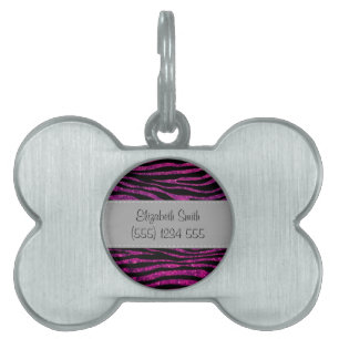 Your Name - Animal Print, Zebra, Glitter - Pink Pet Name Tag