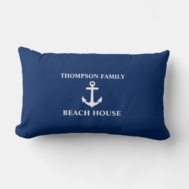 Your Name Beach House Anchor Blue Lumbar Pillow (Front)