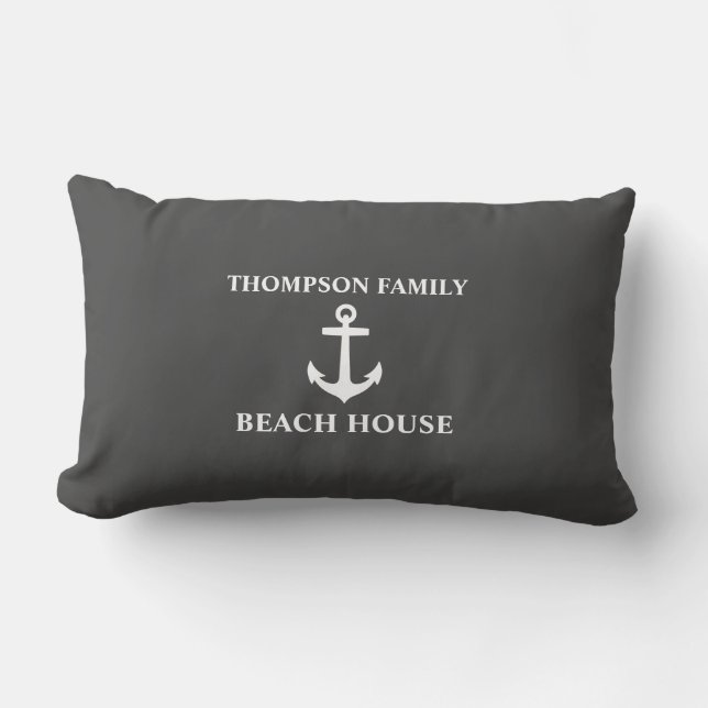 Your Name Beach House Anchor Grey Lumbar Pillow (Front)