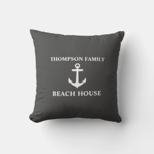 Your Name Beach House Anchor Grey Throw Pillow