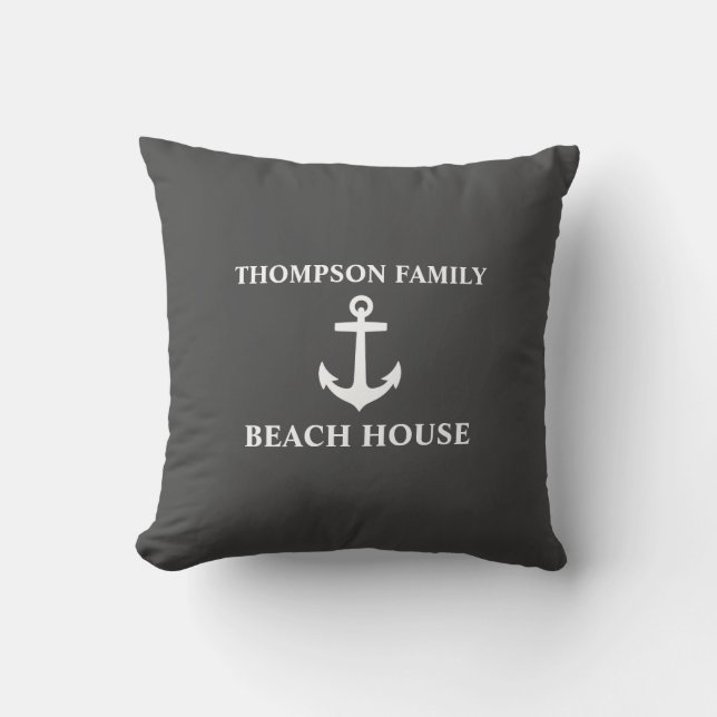 Your Name Beach House Anchor Grey Throw Pillow (Front)