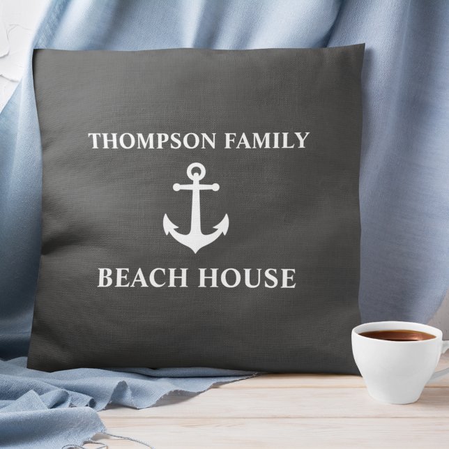 Your Name Beach House Ball Anchor Ash Grey Throw Pillow
