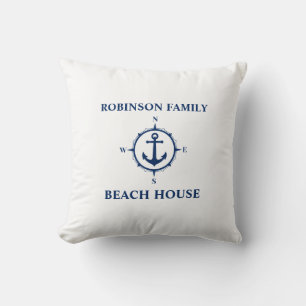 Your Name Beach House Compass Anchor White Throw Pillow