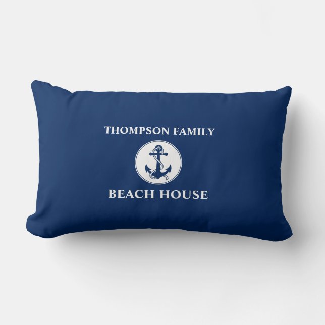 Your Name Beach House Rope & Anchor Blue Lumbar Pillow (Front)