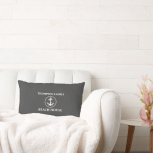 Your Name Beach House Rope & Anchor Gray Lumbar Pillow