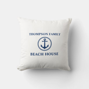 Your Name Beach House Sea Anchor Navy Blue White Throw Pillow