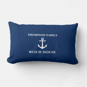 Your Name Beach House Vintage Anchor Blue Lumbar Pillow