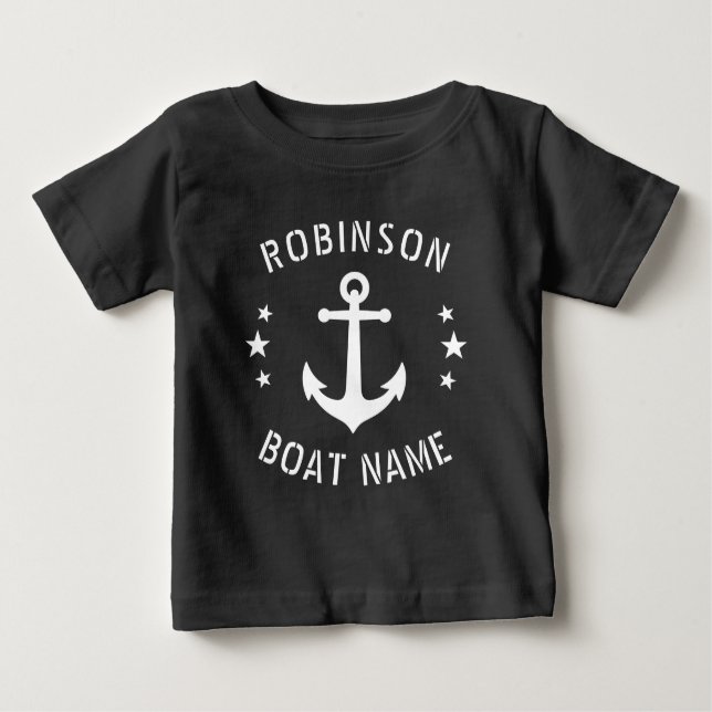 Your Name & Boat Vintage Anchor Stars Black White Baby T-Shirt (Front)