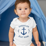 Your Name & Boat Vintage Anchor Stars Blue & White Baby Bodysuit<br><div class="desc">Baby One-Piece Bodysuit with your personal name and boat name or other desired text,  a custom vintage anchor and stars in classic navy blue on white.</div>