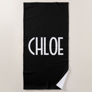 Your Name, Bold White Text   Black Beach Towel