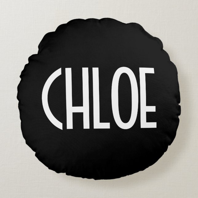 Your Name, Bold White Text | Black Round Pillow (Front)