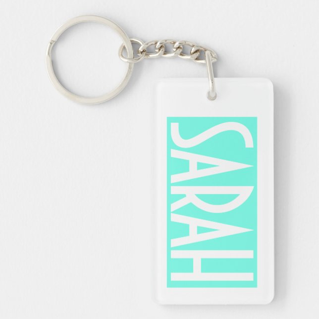 Your Name | Bold White Text on Bright Aqua Keychain (Front)