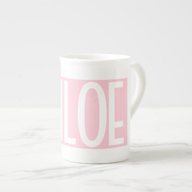Your Name | Bold White Text on Light Pink Bone China Mug (Front Right)