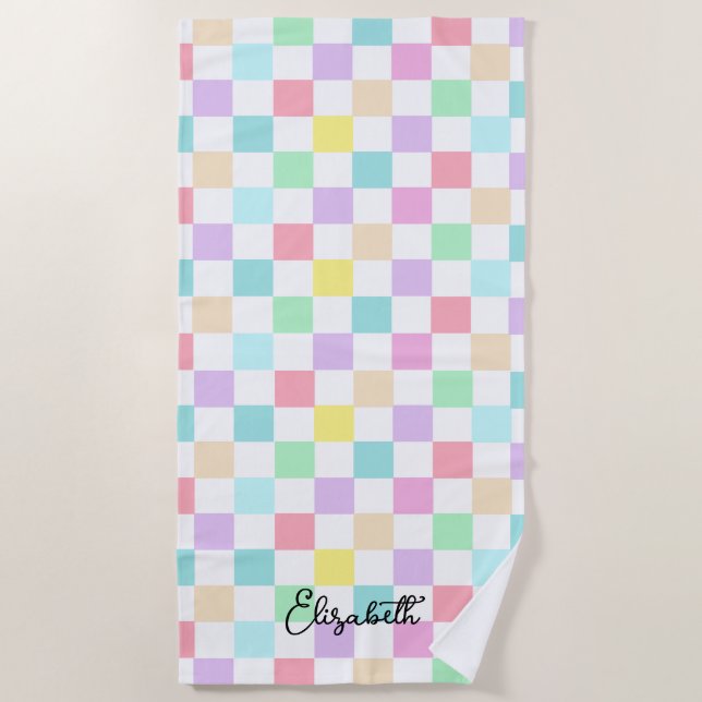 Your name Chequered Pastel colours Custom Beach Towel (Front)