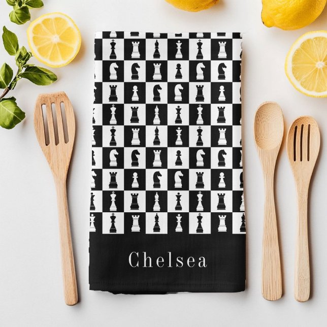 Your Name Chess Game Figures Pattern Black & White Kitchen Towel (Your Name Chess Game Figures Pattern Black & White Kitchen Towel)