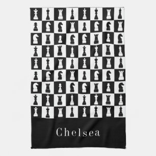 Your Name Chess Game Figures Pattern Black & White Kitchen Towel