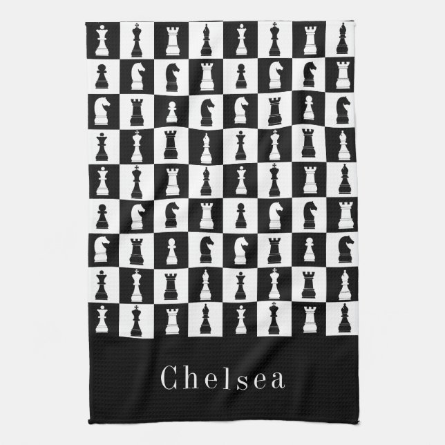 Your Name Chess Game Figures Pattern Black & White Kitchen Towel (Vertical)