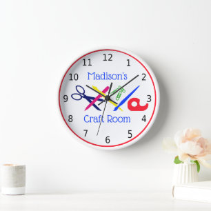 Your name, craft room, with crafting items,  clock