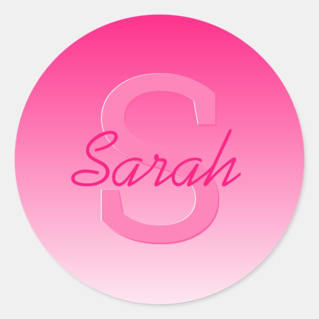 Your Name Cute Customizable Pink Ombre & Monogram Classic Round Sticker (Front)