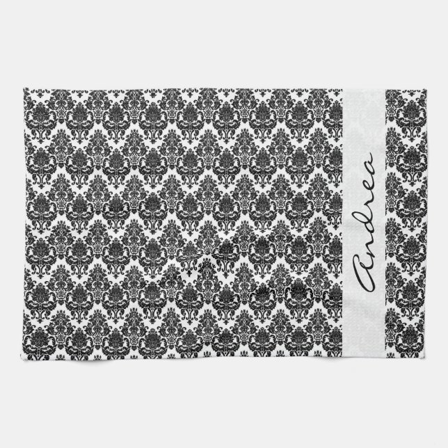 Your Name - Damask, Ornaments, Swirls - Black Kitchen Towel (Horizontal)