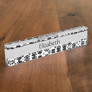 Your Name - Dog Paws, Paw-prints - White Black Nameplate