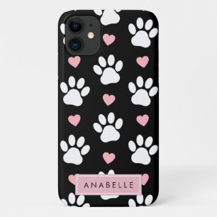 Your Name - Dog Paws, Traces, Hearts - Pink Black iPhone 11 Case
