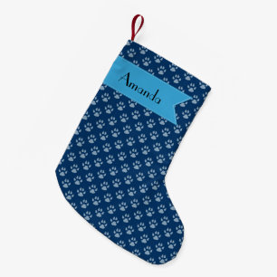 Your Name - Dog Paws, Traces, Paw-prints - Blue Small Christmas Stocking