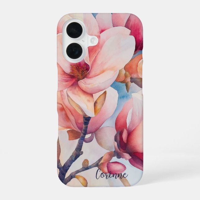 Your Name Elegant Pink Magnolia Blossoms iPhone 16 Case (Back)