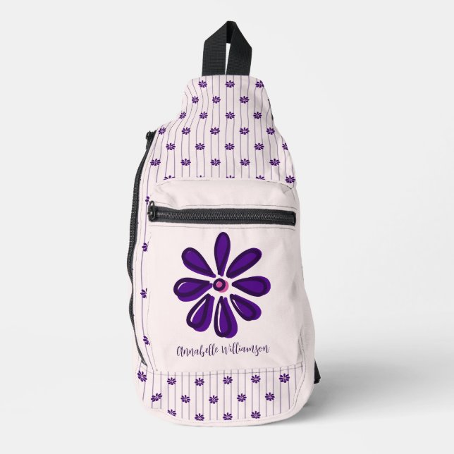 Your Name Elegant Violet & Blush Stripes & Blooms Sling Bag (Front)