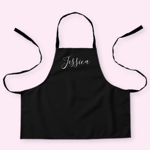 Your Name Elegant White Script on Black Apron