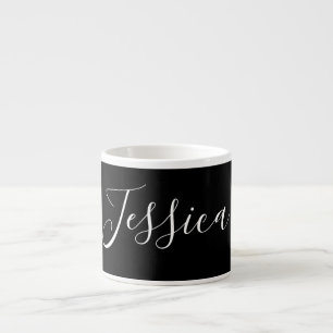 Your Name   Elegant White Script on Black Espresso Cup