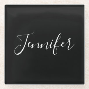 Your Name Elegant White Script on Black Glass Coaster