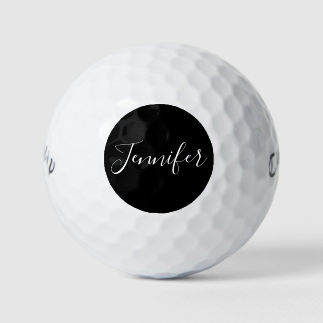 Your Name | Elegant White Script on Black Golf Balls (Front)