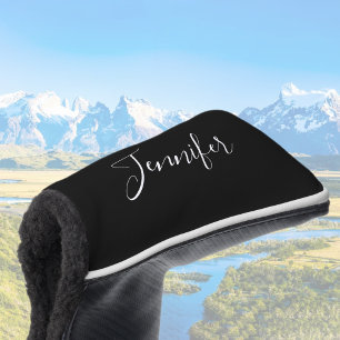 Your Name Elegant White Script on Black Golf Head Cover