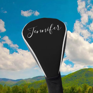 Your Name Elegant White Script on Black Golf Head Cover