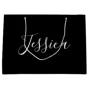 Your Name Elegant White Script on Black Large Gift Bag