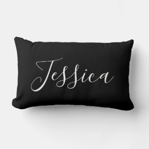 Your Name   Elegant White Script on Black Lumbar Pillow