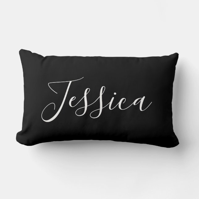 Your Name | Elegant White Script on Black Lumbar Pillow (Front)