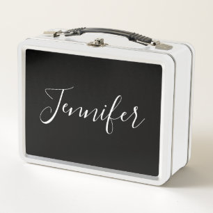 Your Name Elegant White Script on Black Metal Lunch Box