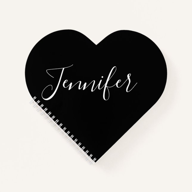 Your Name | Elegant White Script on Black Notebook (Front)