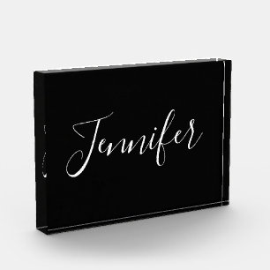 Your Name   Elegant White Script on Black Photo Block