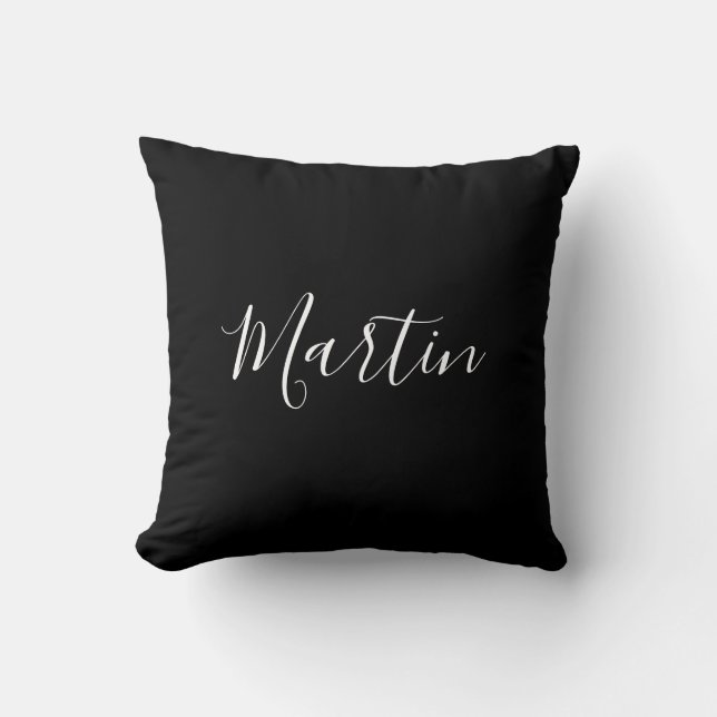 Your Name | Elegant White Script on Black Throw Pillow (Front)