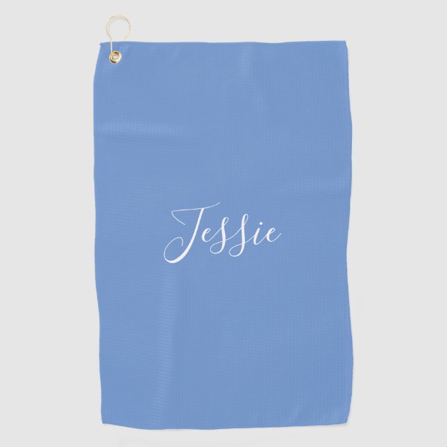Your Name | Elegant White Script on Soft Blue Golf Towel (Front)