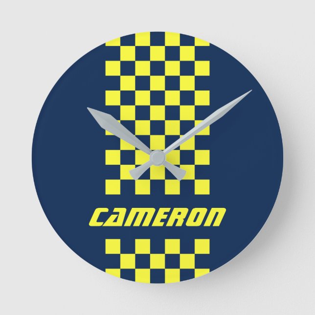 Your Name Fully Custom Colors Checkered Stripe Round Clock (Front)