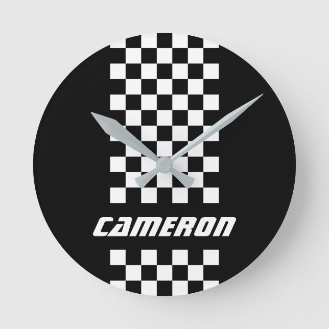 Your Name Fully Custom Colours Chequered Stripe Round Clock (Front)