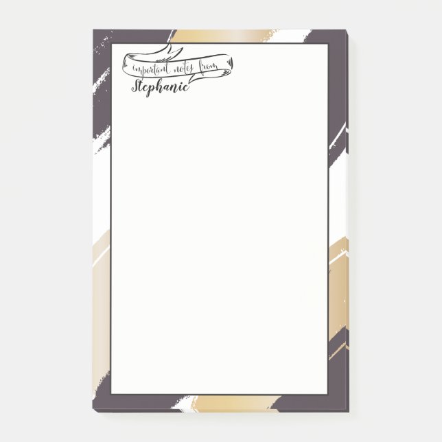 YOUR NAME | Gold and Black Modern Brush Strokes Post-it Notes (Front)